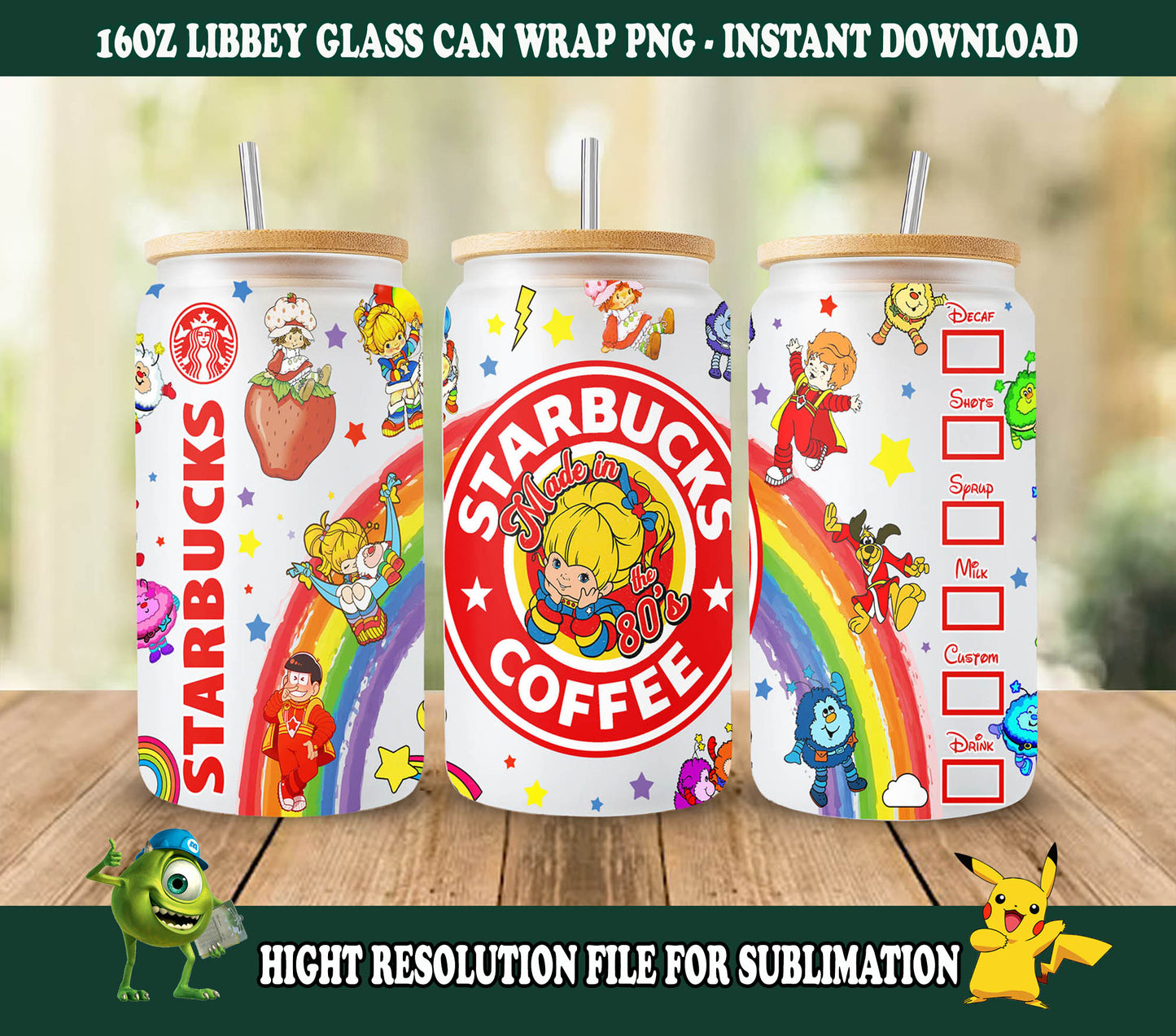 Cartoon 80er Glasdose, 80er Cartoons png, Regenbogenmädchen Libbey Glasdose 16oz, Rainbow Brite Glasdose Png, Retro 80er Cartoons Tumbler Wrap