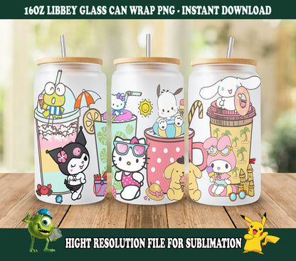 Kitty and Friends Rosa Katze PNG, 16oz Glasdose Wrap, 16oz Libbey Dose Glas, Cartoon Tumbler, Kawaii Tumbler Wrap, Kitty Dose Glas png 