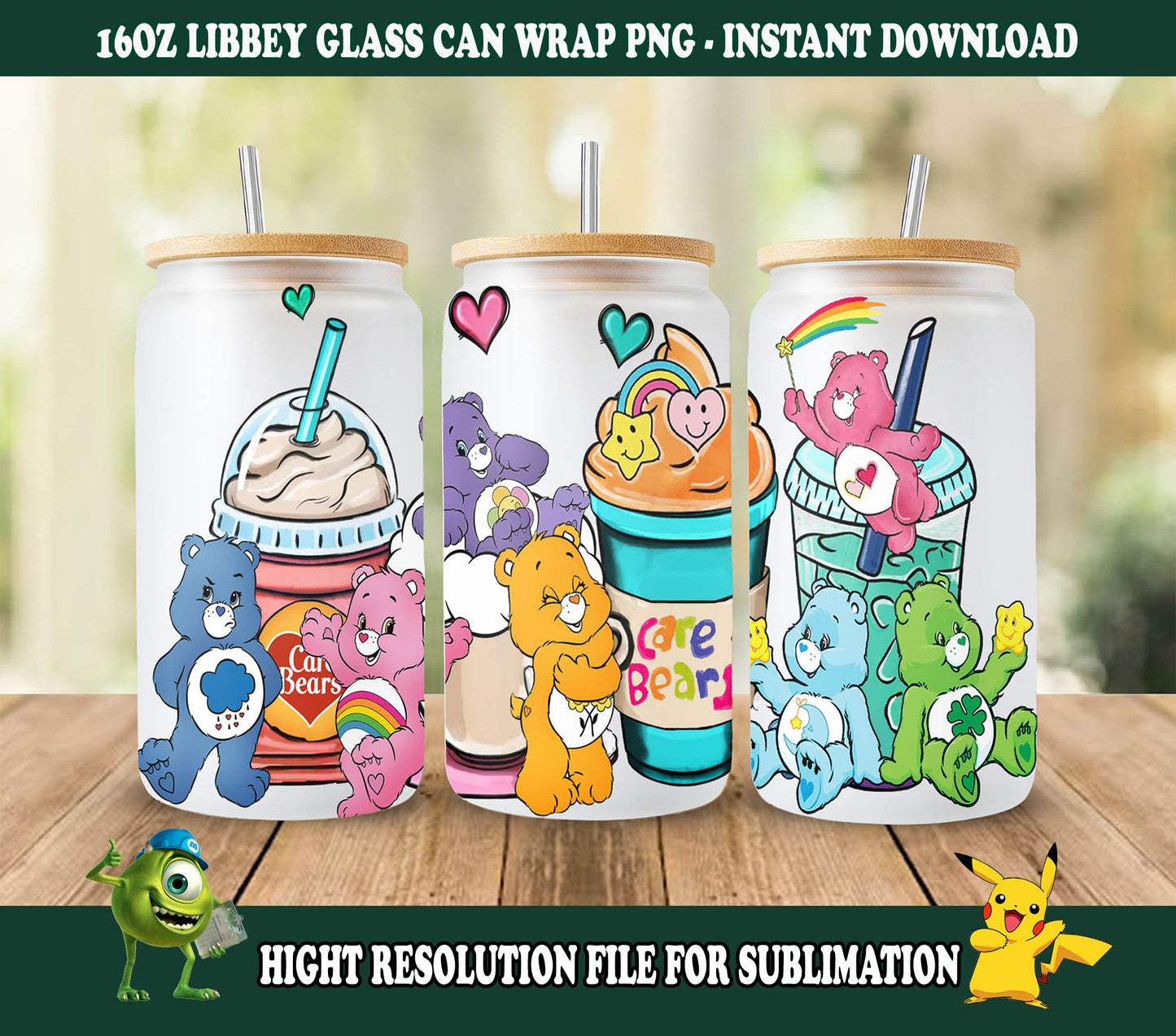 Bären-Cartoons 16oz Wrap, 16oz Libbey Glasdose, Milchglasdose, Sublimationsdesign, Regenbogendesign, Niedliche Bären Wrap, Niedliches Cartoon-Design 1