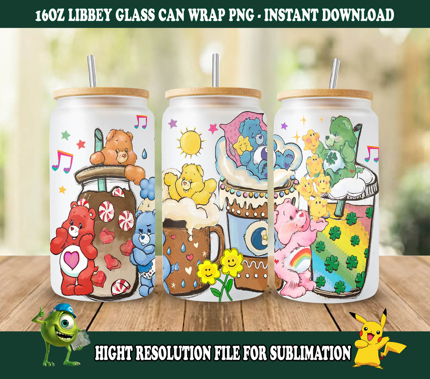 Bären-Cartoons 16oz Wrap, 16oz Libbey Glasdose, Milchglasdose, Sublimationsdesign, Regenbogen-Design, Niedliche Bären Wrap, Niedliches Cartoon-Design 3