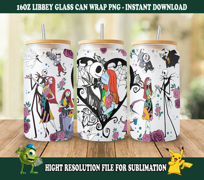 Gruseliger Film Nightmare Tumbler Wrap, Glasdose 16oz, Full Tumbler Wrap, Sublimation Design Digital Download, Jack And Sally Cup, Boo Bash 