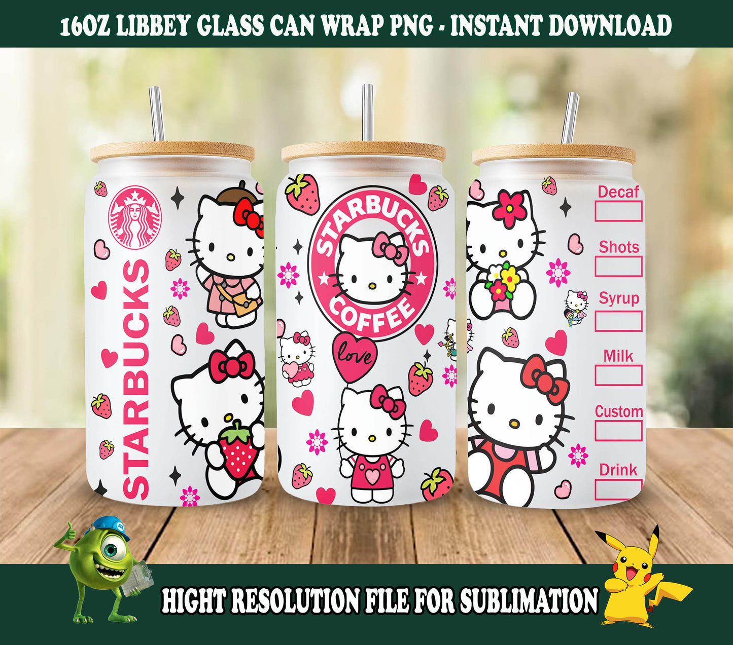 Kawaii Kitty Glasdose, Kitty Kaffee, 16oz Libbey Wrap, Cartoon Frühlingsblumen, Rosa Katzenbecher, Png Sublimation Design 