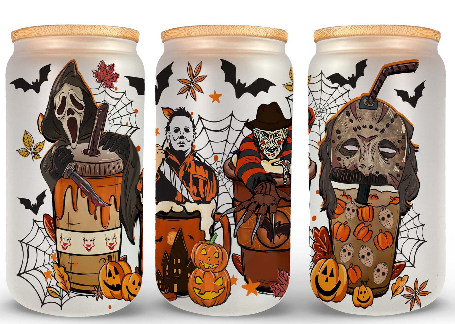 Horror-Png, Horror-Figuren 16oz Libbey-Dose aus Glas, Horror-Figuren voller Glasdose, lustige Horror-Tumbler-Wrap, Horror-Sublimation