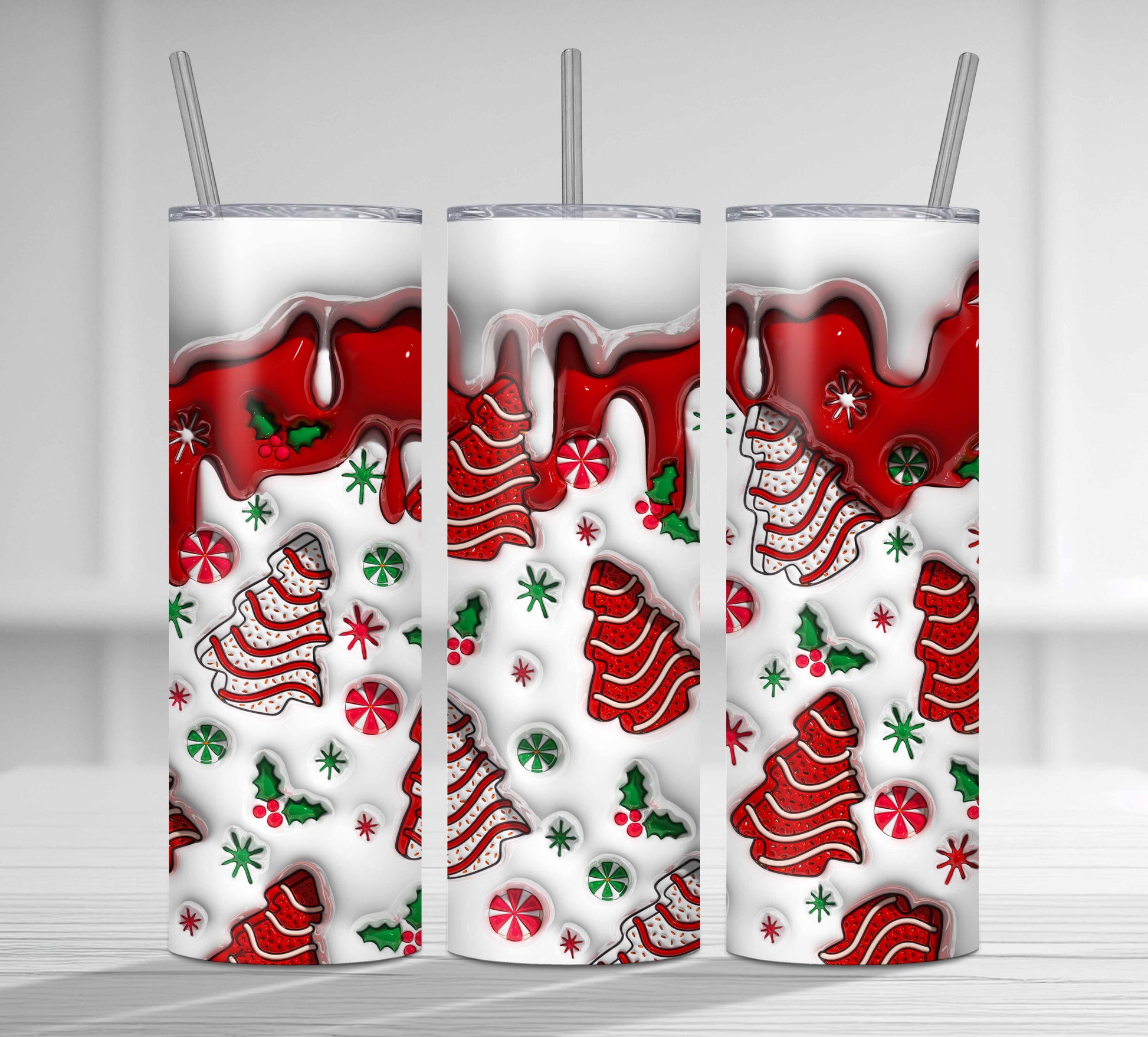 3D Christmas Tree Cakes Inflated Tumbler Wrap, Christmas Snack Cakes Puffy Tumbler, Xmas Coffee Puffy Tumbler, Milk Cookies For Santa - VartDigitals