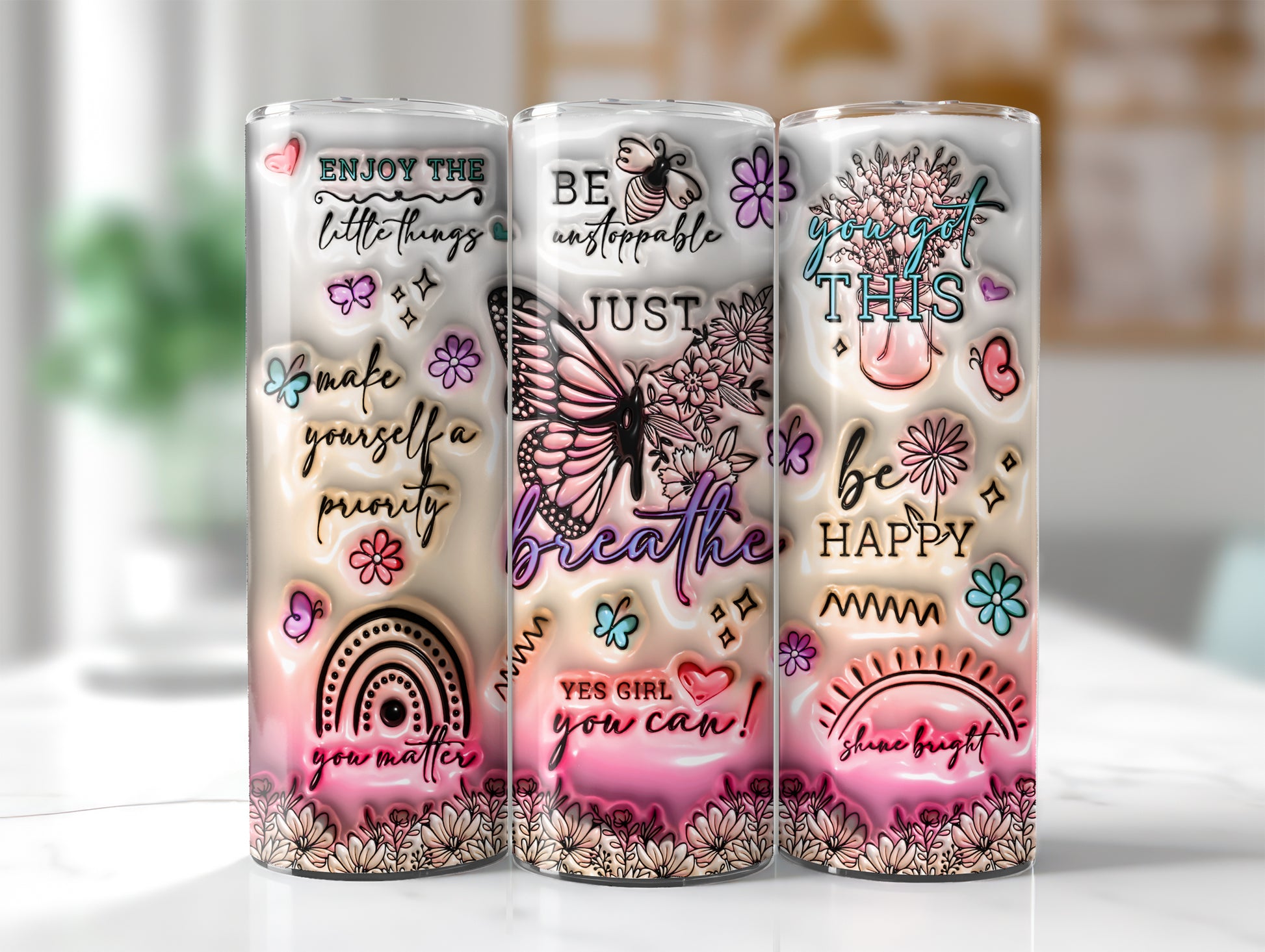 3D Positive Affirmations Inflated Tumbler Wrap 3D Puff Butterflies Inspirational Quotes PNG Template Sublimation Designs Downloads - VartDigitals