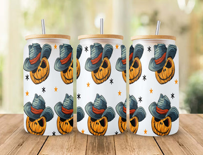 Cowboy Kürbis 16oz Libbey Glas Dose Wrap - Halloween PNG Digital Download PNG - Silhouette - KürbisMuster Bierglas Vorlage