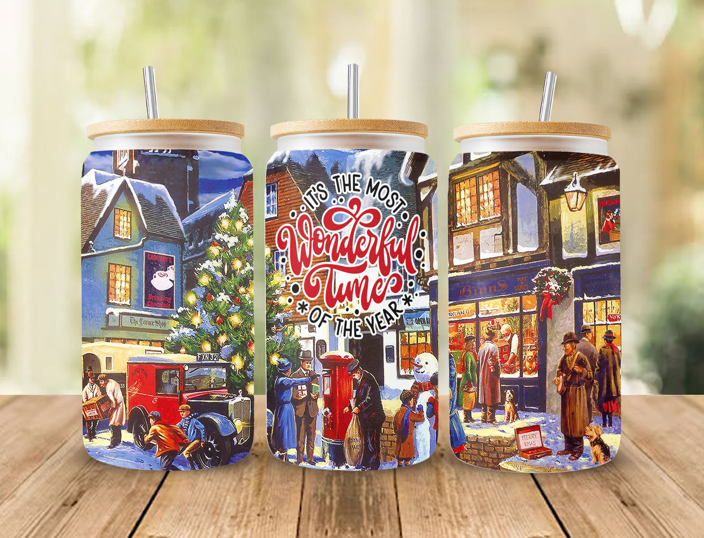 Es ist die schönste Zeit des Jahres 16oz Glasdose Sublimation Design, Schneemann Weihnachtsauto, Lustige Weihnachtsglasdose Wrap PNG