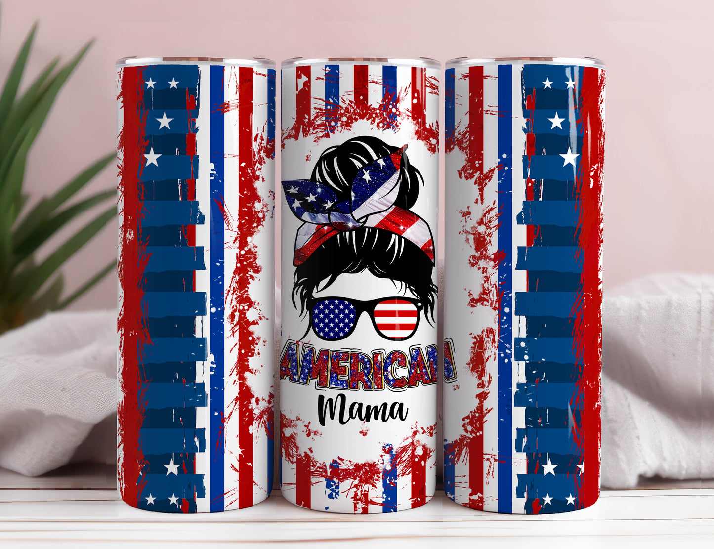 USA American Mama Tumbler Wrap, Mama Sublimation Design, 20 oz Skinny Tumbler, Western Patriotischer Tumbler PNG, Mom Messy Bun Digital Download