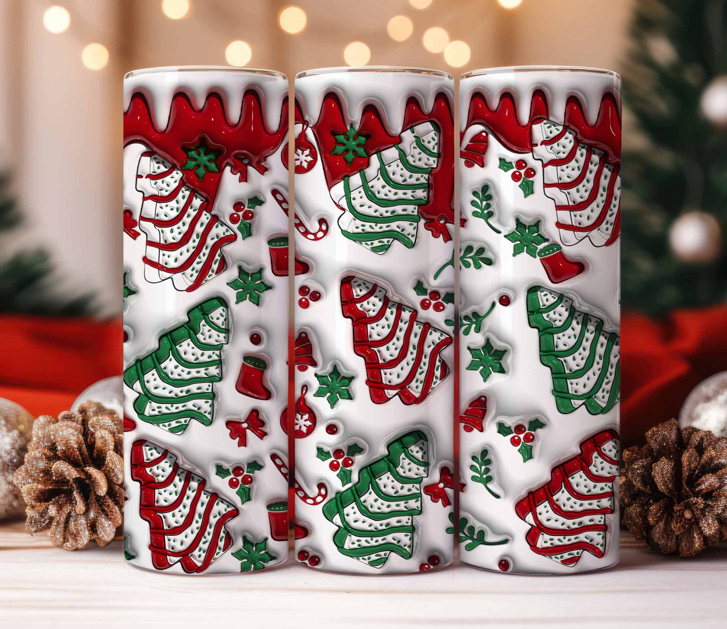 3D Christmas Tree Cakes Inflated Tumbler Wrap, Christmas Puff Tumbler, Xmas Coffee Puff Tumbler, Digital Download PNG, 3D Xmas Puff Design - VartDigitals