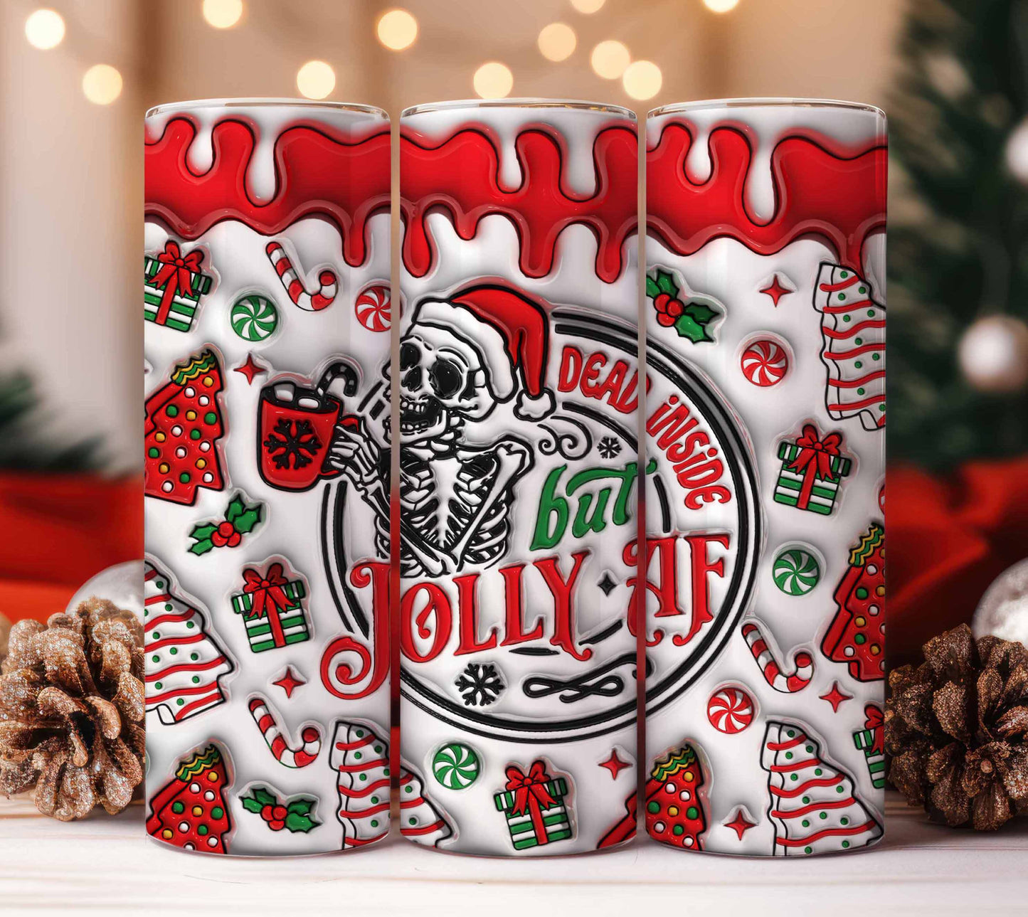 3D Inflated Dead Inside But Jolly AF Christmas Tumbler Wrap,3D Puffy Christmas Skeleton Tumbler,Xmas Coffee Puffy Tumbler, Skull Santa Claus - VartDigitals