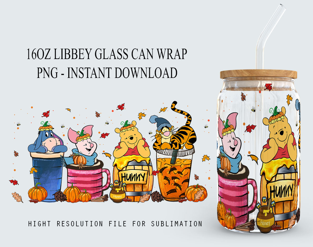 Winnie The Pooh Halloween Designs 16oz Libbey Glasdose Becher, Hallothankmas Pooh Design Glasdose png, 16oz Libbey Wrap PNG, Halloween Png 2