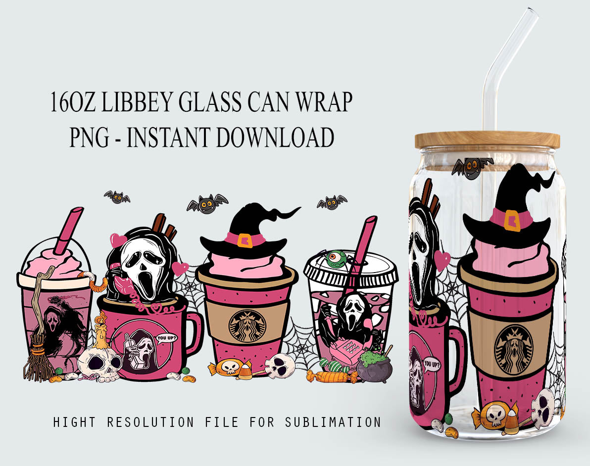 Horror Figuren Halloween 16oz Libbey Dose Cartoon PNG, 16oz Glasdose Wrap, 16oz Libbey Dose Glas, Horror Tumbler Wrap, Vollglas Dose Wrap