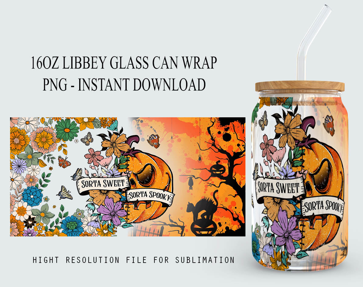 16 oz Libbey Glas Dose Tumbler Sorta Sweet Sorta Spooky, Floral Kürbis Schmetterling Halloween Dose Glas PNG Sublimation Designs Digitale Dateien