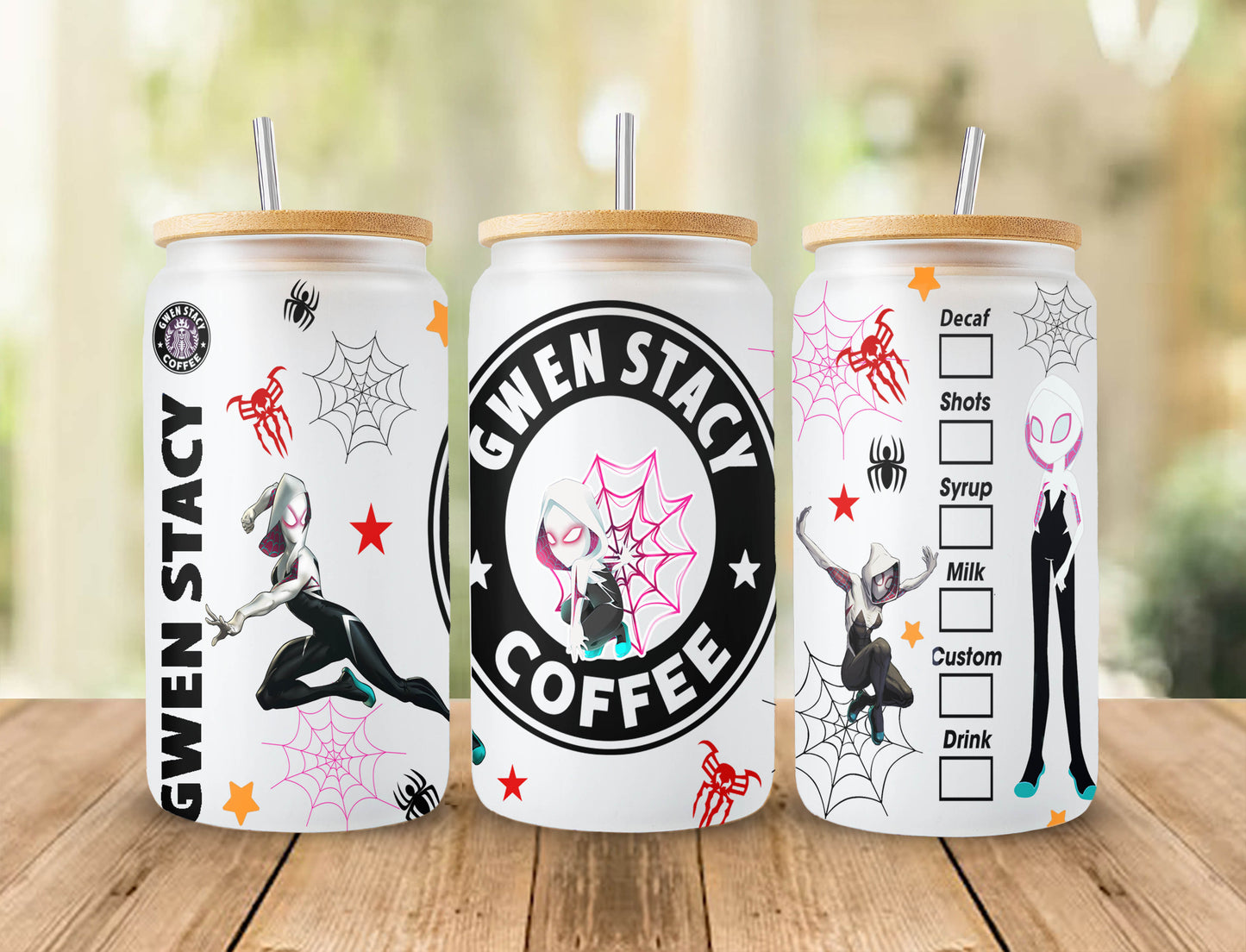 Gwen Stacy 16oz Dose Glas Kaffee, Girl Spidey Becher PNG Design