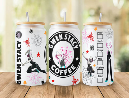 Gwen Stacy 16oz Dose Glas Kaffee, Girl Spidey Becher PNG Design