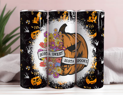 Sorta Sweet Sorta Gruseliger nahtloser Tumbler Wrap, Florales Kürbis Png, 20 oz Tumbler Wrap, Halloween Tumbler Wrap, Gruseliger Tumbler