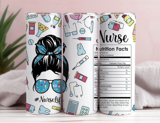 Nährwertangaben für Krankenschwestern, 20 oz Skinny Tumbler, Sublimationsdesign-Vorlage für Krankenschwestern mit grauen Haaren, gerades und verzerrtes Design, PNG-Becher 1