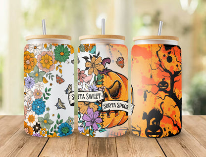 16 oz Libbey Glas Dose Tumbler Sorta Sweet Sorta Spooky, Floral Kürbis Schmetterling Halloween Dose Glas PNG Sublimation Designs Digitale Dateien