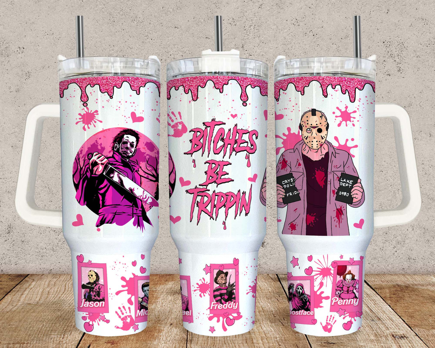 Pink Horror Tumbler Wrap Png, 40oz Cartoon Tumbler, 16oz Dose Glas, Halloween Sublimation, HorrorFilm, Horror Figuren, Png Download