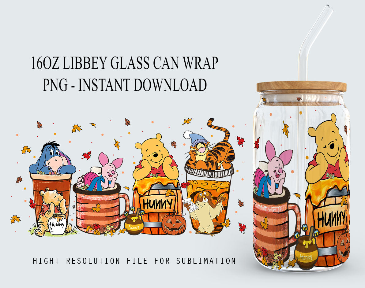 Winnie The Pooh Halloween Designs 16oz Libbey Glasdose Becher, Hallothankmas Pooh Design Glasdose png, 16oz Libbey Wrap PNG, Halloween Png 3