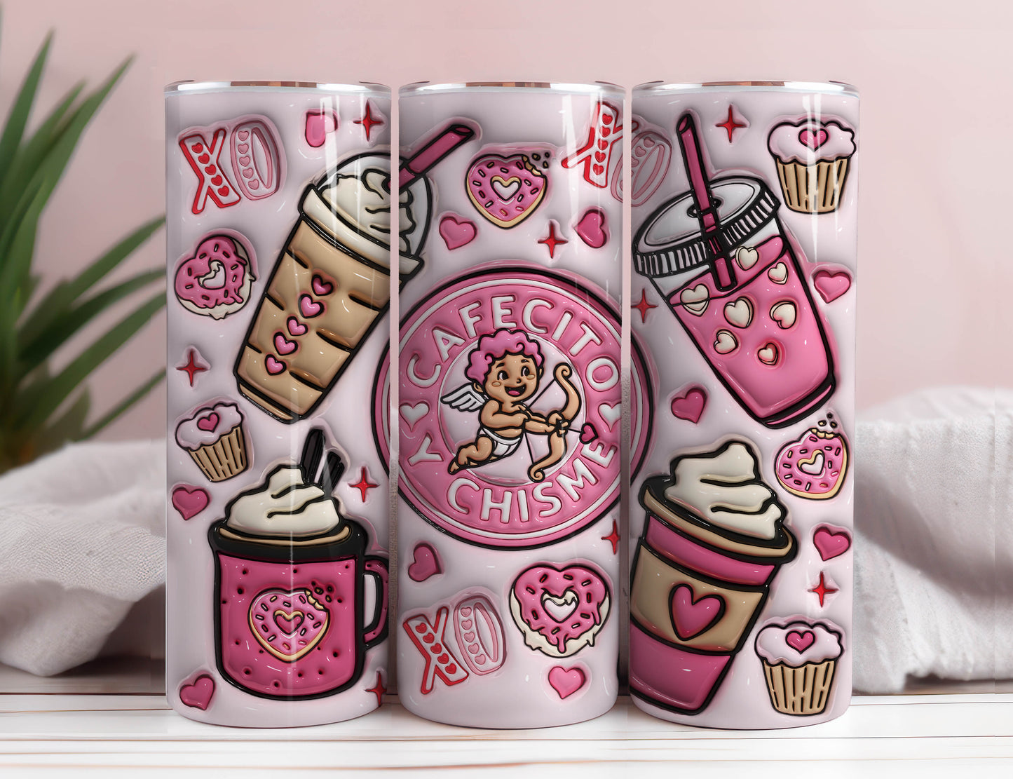 3D Cafecito y Chisme aufgeblasene Tumbler Wrap, Valentinstag Kaffee Puffy Tumbler Sublimation Design, Cupid Vibes, Valentinstag Puffy Design