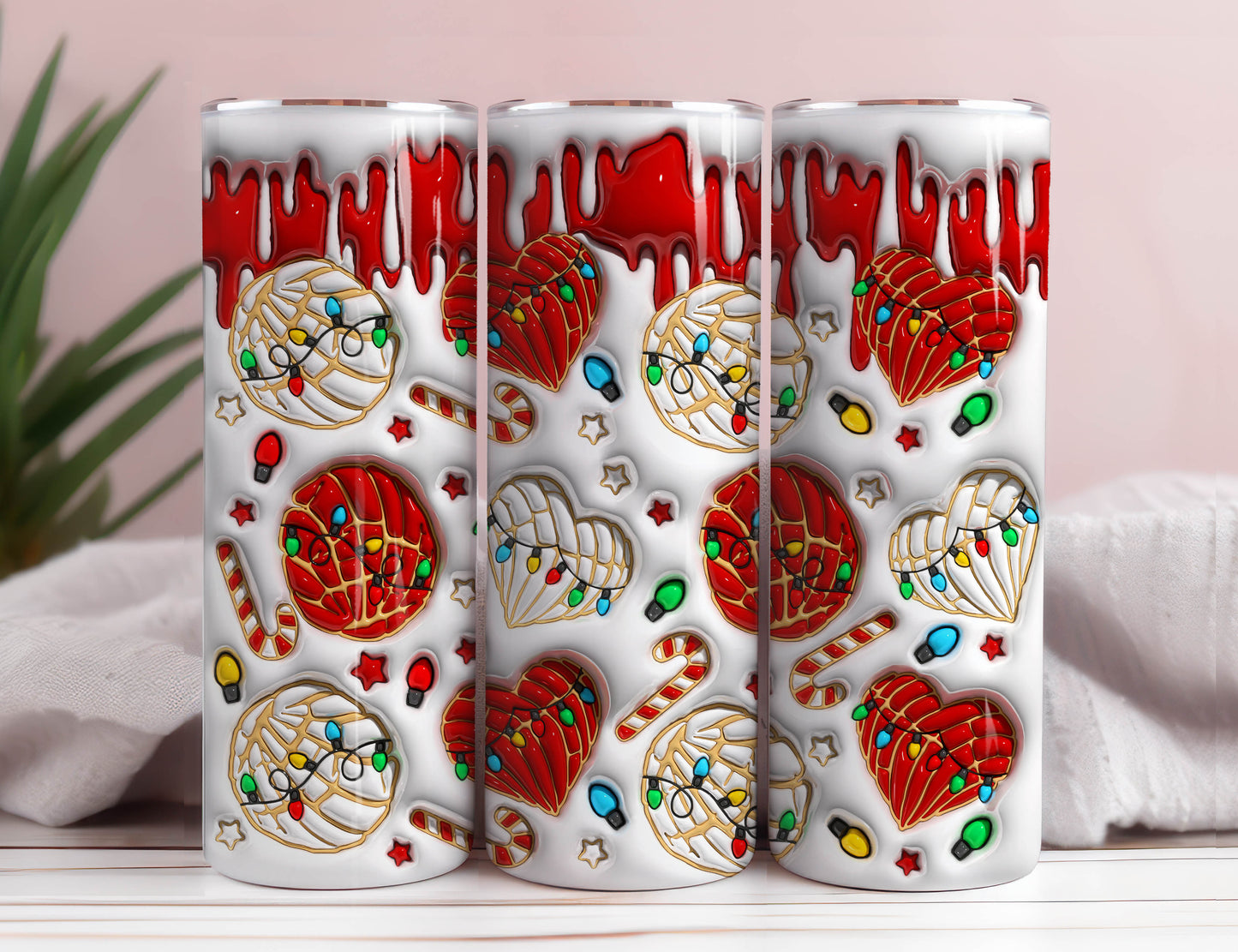 3D-Weihnachts-Conchas Cafecito y Chisme aufgeblasener Tumbler Wrap, Concha Lights Christmas Puffy 20oz Tumbler Wrap, Weihnachts-Conchas Mexicanas