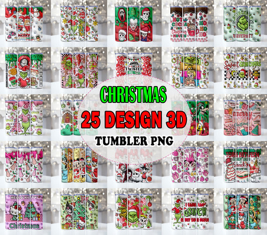 25 Designs 3D Weihnachtsbecher Sublimation, 20oz Skinny Tumbler Bundle Wrap, Cartoon Lustiges Weihnachtsdesign Tumbler PNG Bundle Digital