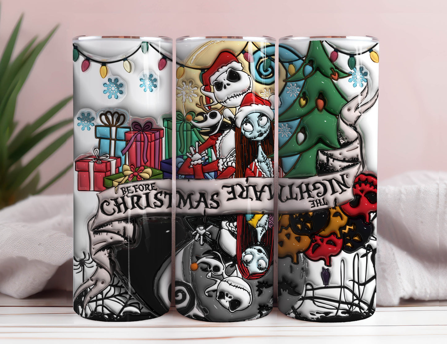 3D aufgeblasene Horror-Charaktere Tumbler Wrap, 20oz Skinny Tumbler, Nightmare Christmas Spooky Vibes Png, Halloween Png, Sublimation Design Png