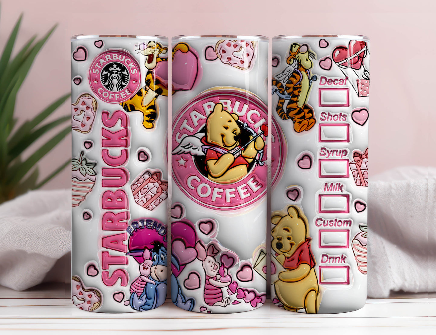 3D Inflated Valentine Tumbler Wrap, Winnie 3D Pink Valentine Inflated Tumbler Wrap