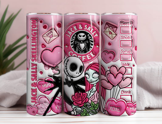 3D Jack und Sally Valentinstag Tumbler Design PNG, 3D aufgeblasene Valentinstag Tumbler Wraps, Jack Sally Skellington, Der Albtraum vor Weihnachten