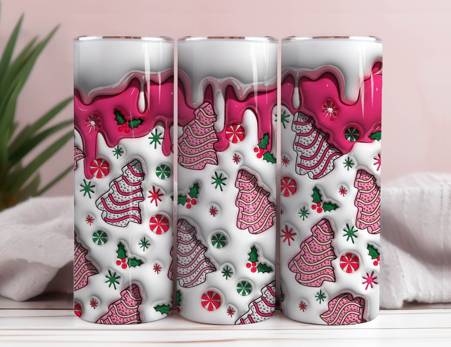 3D rosa Weihnachtsbaumkuchen aufgeblasener Tumbler Wrap, Weihnachts-Snack-Kuchen Puffy Tumbler, Weihnachtskaffee Puffy Tumbler, Milchkekse für den Weihnachtsmann