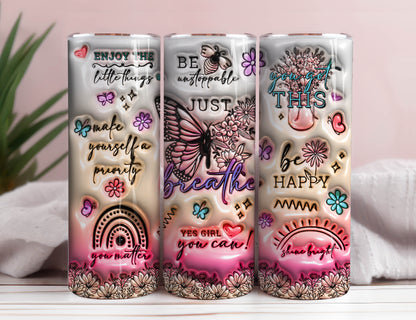 3D Positive Affirmationen Aufgeblasener Tumbler Wrap 3D Puff Schmetterlinge Inspirierende Zitate PNG Vorlage Sublimation Designs Downloads