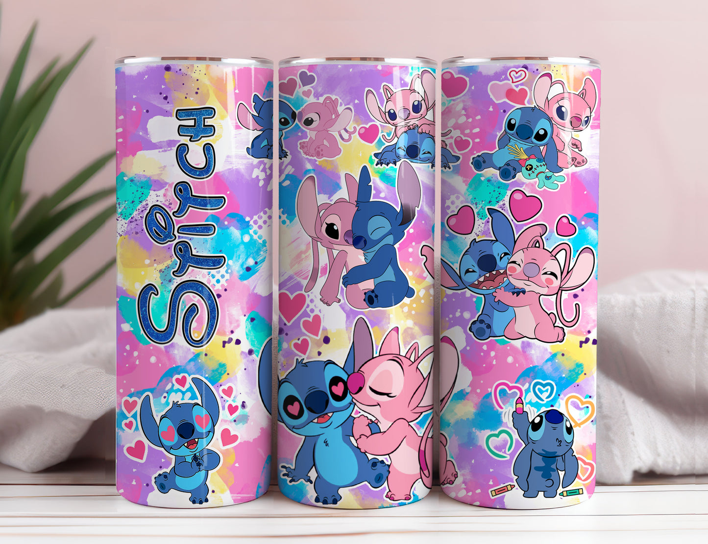 Cartoon Stitch Color Splash Tumbler PNG, 20oz Skinny Tumbler, Sublimation Tumbler, Stitch Frühling, Stitch Valentine Tumbler 3