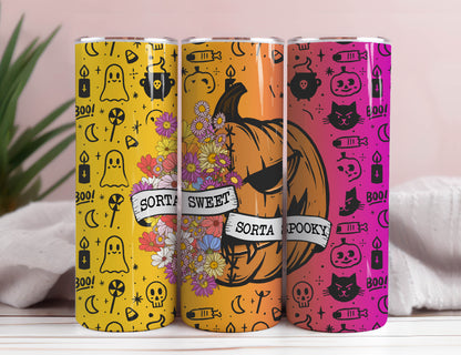 Sorta Sweet Sorta Gruseliger nahtloser Tumbler Wrap, Florales Kürbis Png, 20 oz Tumbler Wrap, Halloween Tumbler Wrap, Gruseliger Tumbler