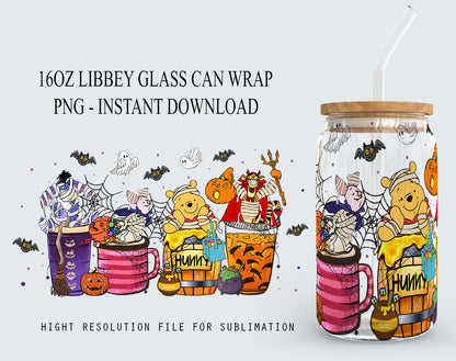 Winnie The Pooh Halloween Designs 16oz Libbey Glasdose Becher, Hallothankmas Pooh Design Glasdose png, 16oz Libbey Wrap PNG, Halloween Png 4