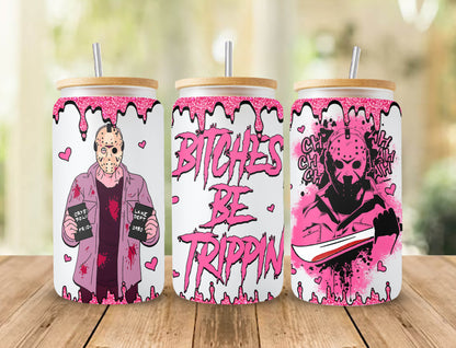 Bitches Be trippin 16oz Libbey Milchglas, Pink Freitag der 13. Glasbecher 16oz, Halloween Dose Glas PNG Download