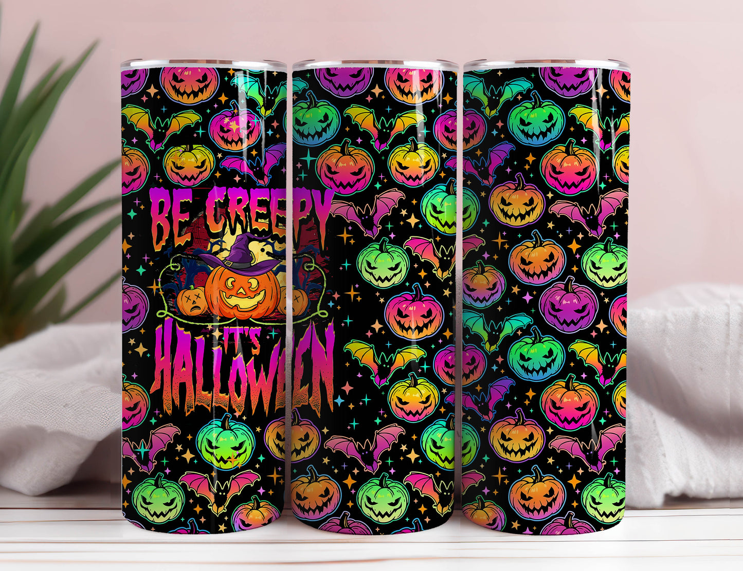 Bunte Halloween Kürbisse Tumbler Wrap, Buntes Kürbis Halloween Sublimation Design, 20oz Skinny Tumbler, Kürbis Tumbler PNG