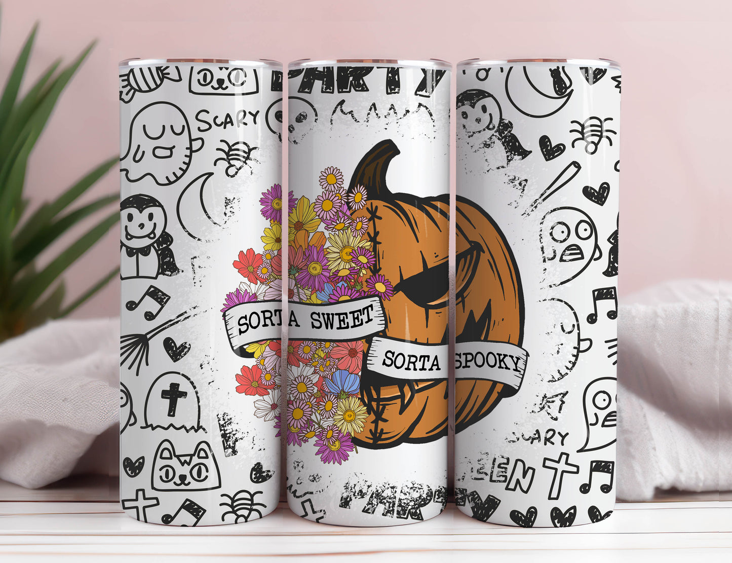 Sorta Sweet Sorta Gruseliger nahtloser Tumbler Wrap, Florales Kürbis Png, 20 oz Tumbler Wrap, Halloween Tumbler Wrap, Gruseliger Tumbler