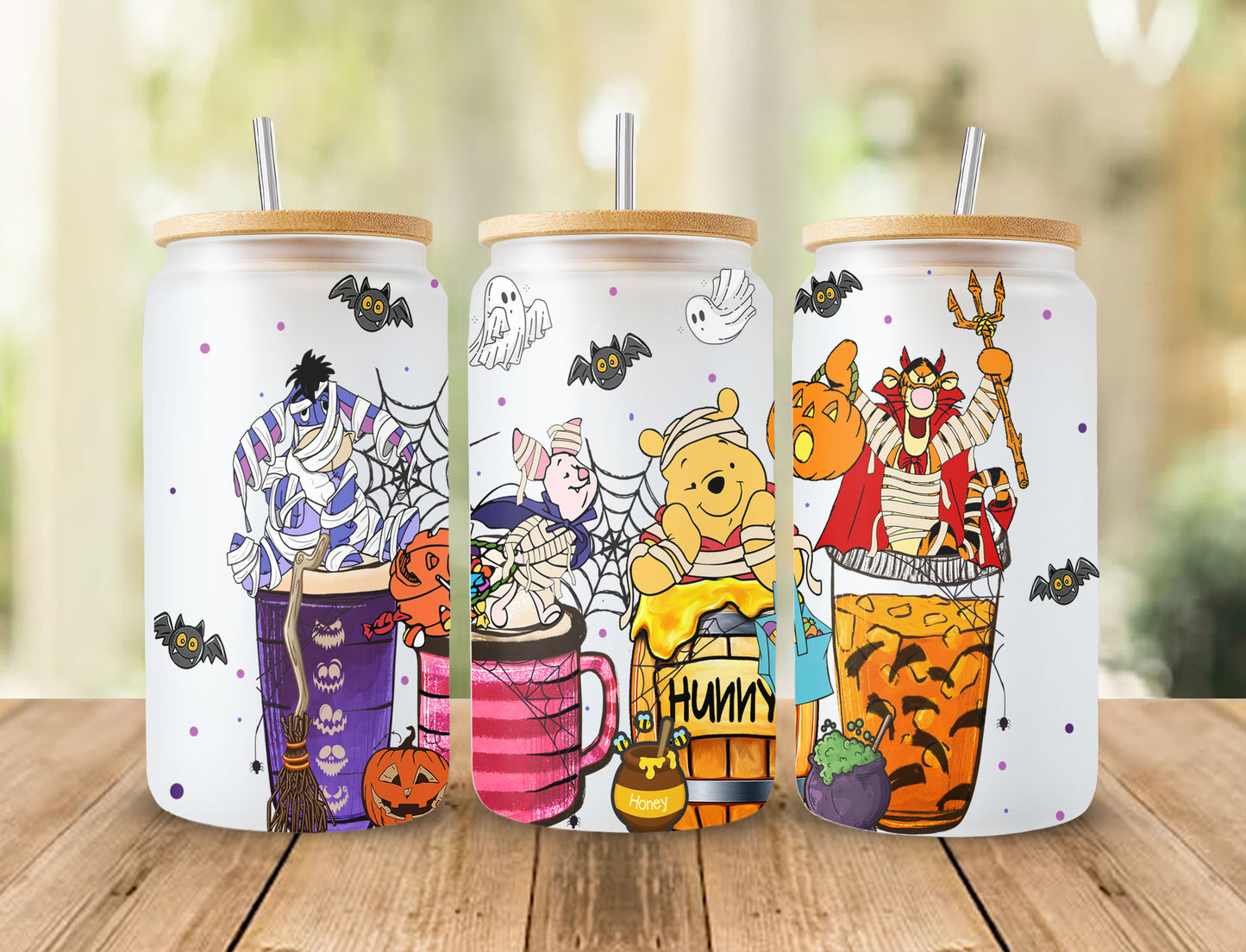 Winnie The Pooh Halloween Designs 16oz Libbey Glasdose Becher, Hallothankmas Pooh Design Glasdose png, 16oz Libbey Wrap PNG, Halloween Png 4