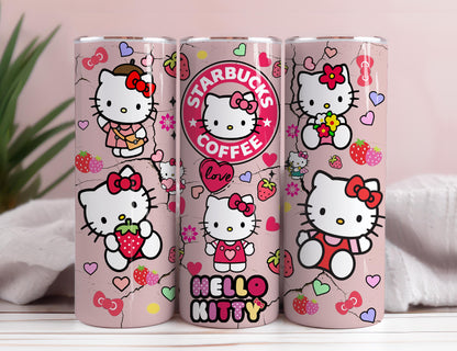 Kawaii Kitty Tumbler, Kitty Kaffee, 20oz Straight Skinny Wrap, Cartoon Frühlingsblumen, Rosa Katzenbecher, Png Sublimation Design