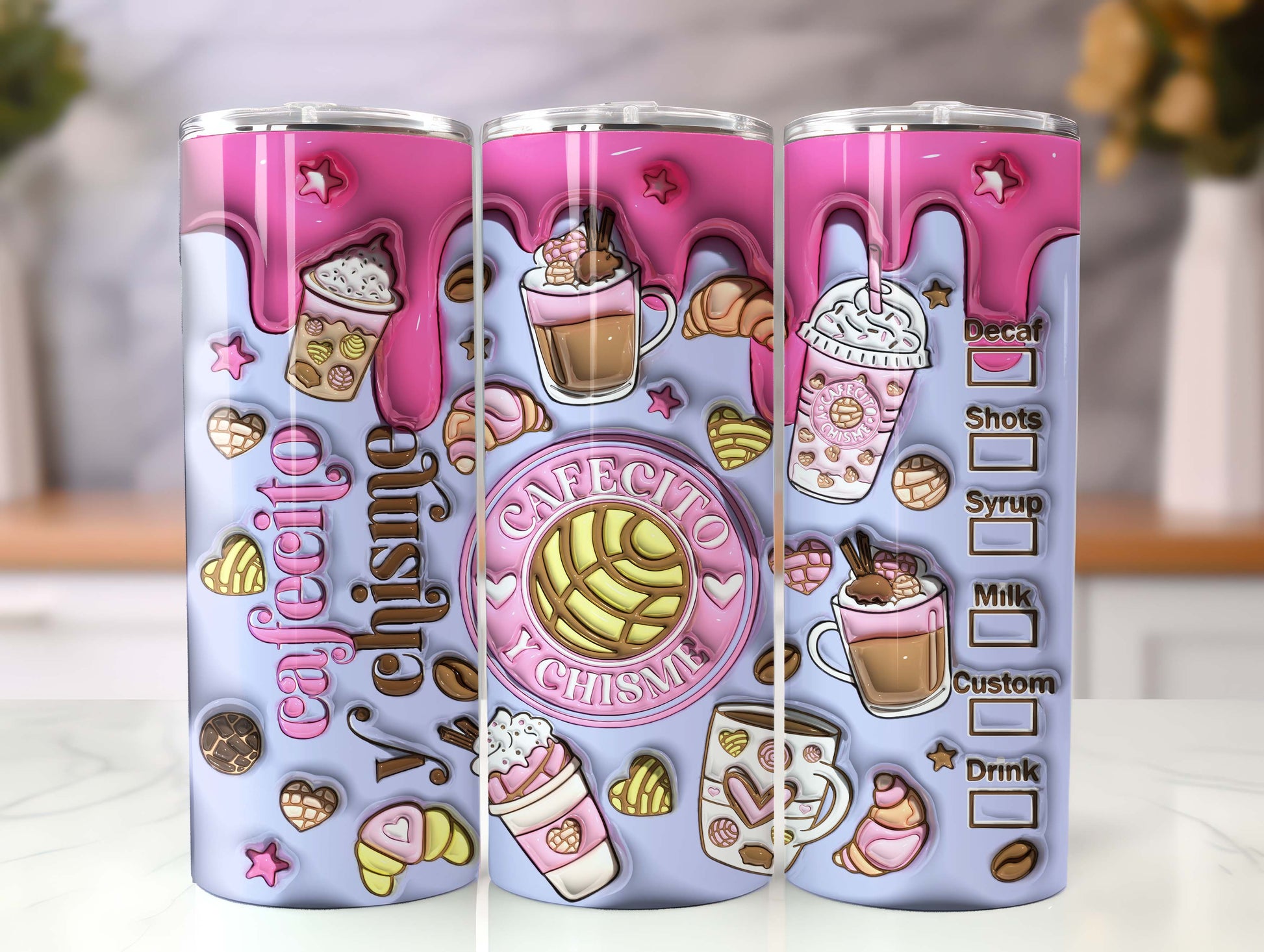 3D Inflated Cafecito Tumbler Wrap Cafecito y Chisme Tumbler, 3D Pan Dulce Tumbler, Mexican Gifts, Puffy Coffee Tumbler, Conchas Mexicanas - VartDigitals