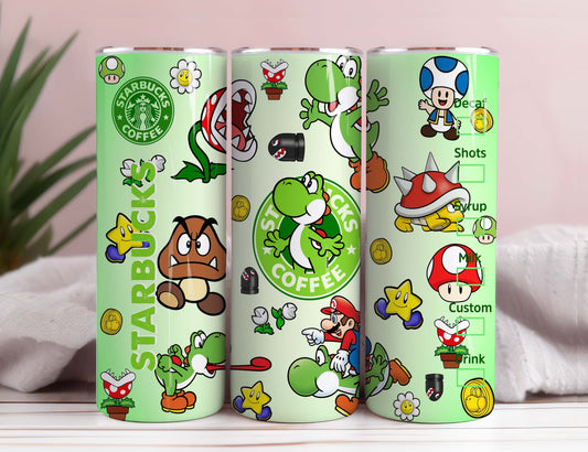 Cartoon-Becher-Wrap, 20oz Skinny Tumbler Sublimationsdesign, Sublimationsdesign, Mario-Becher, 20oz Skinny Straight, Yoshi-Cartoon-Becher