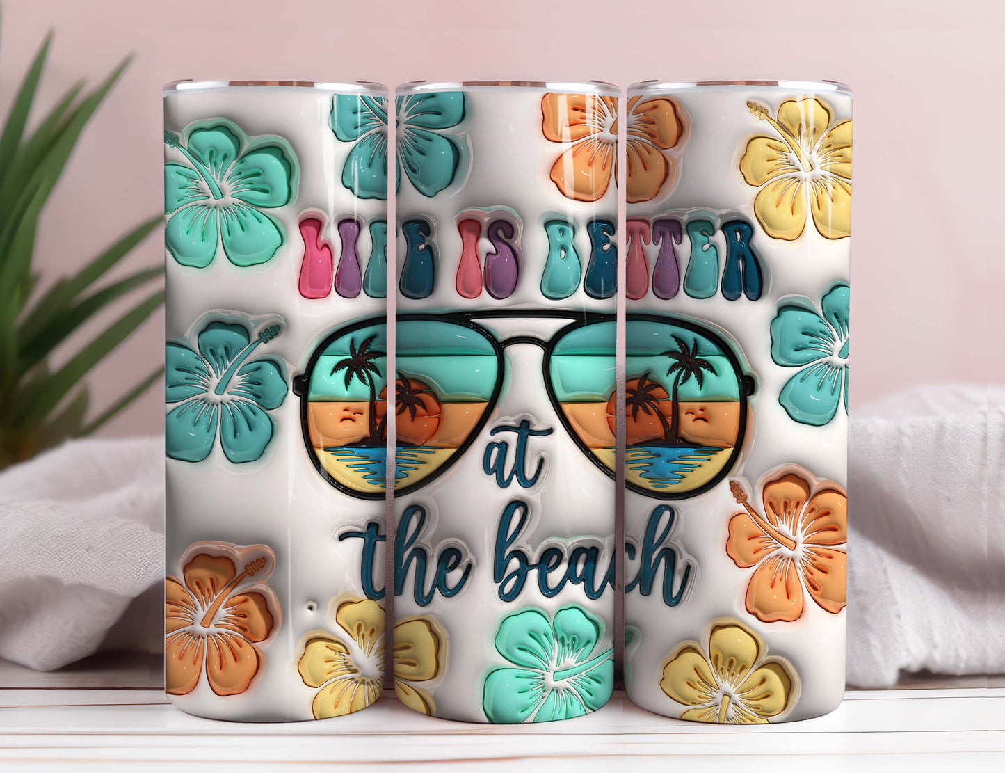 3D Summer Vibes Aufgeblasener Becher Wrap, 3D Das Leben ist besser am Strand Becher Wrap, 3D Tropische Blumen Puffy 20oz Skinny Sublimation 3D