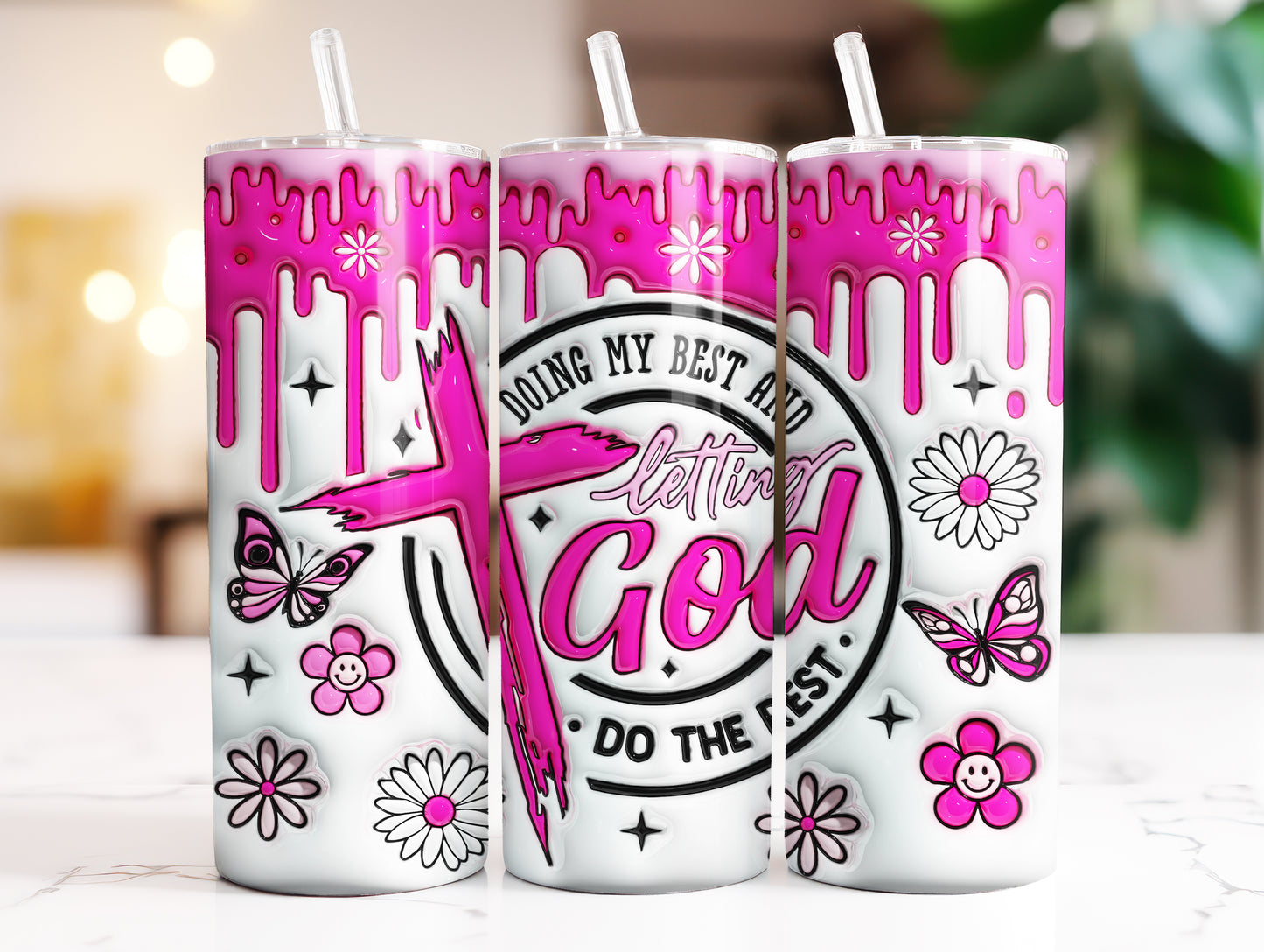 3D Doing My Best and Letting God Do The Rest Inflated Tumbler Wrap, Retro Christian Inflated Wrap, 3D Faith Bible Verse Wrap, 3D Puffy Daisy - VartDigitals