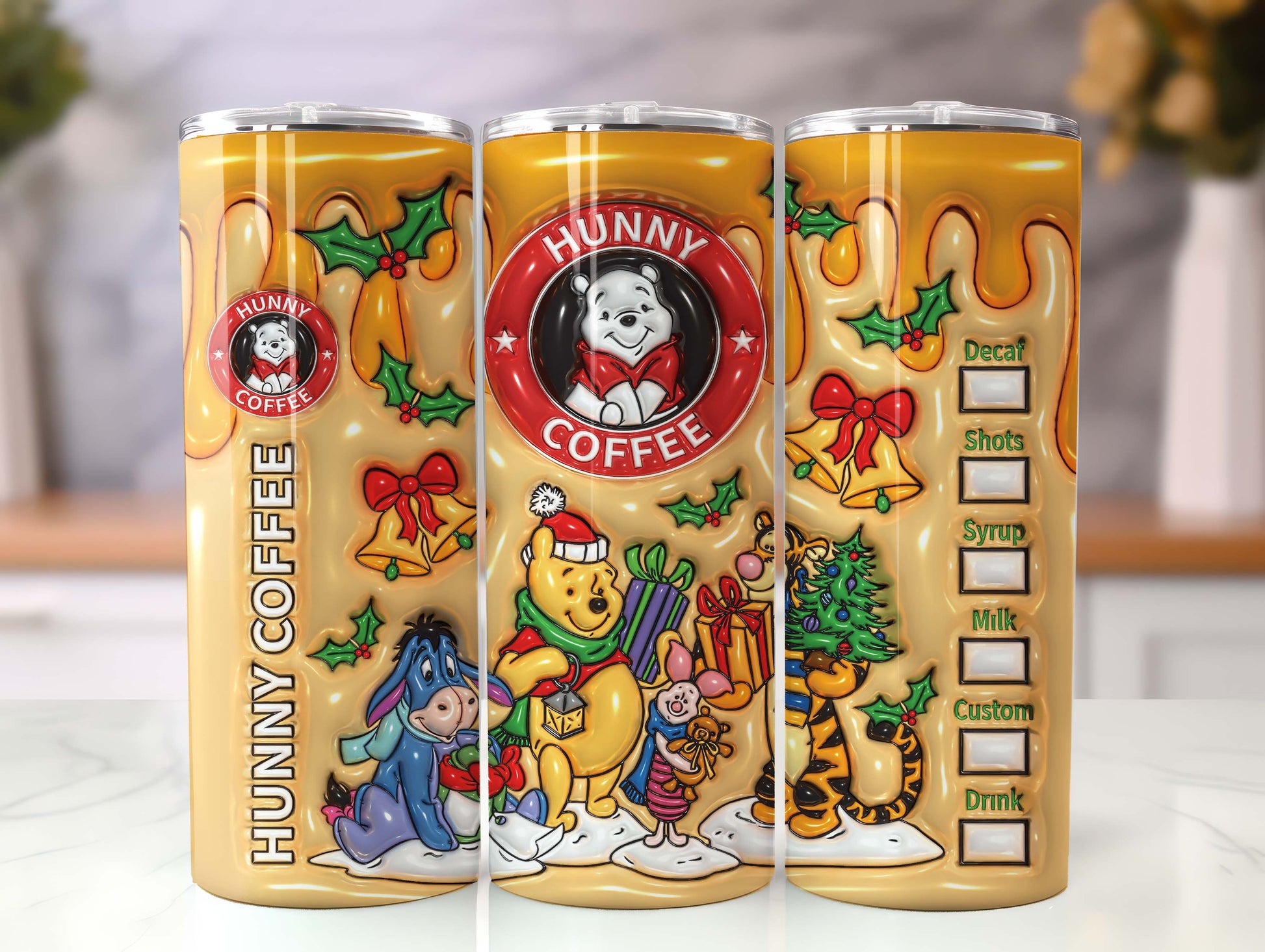 3D Inflated Cartoon Christmas Tumbler Wrap, Hunny Coffee Design Download PNG, 20 Oz Digital Tumbler Wrap, Merry Christmas, Christmas Vibes - VartDigitals