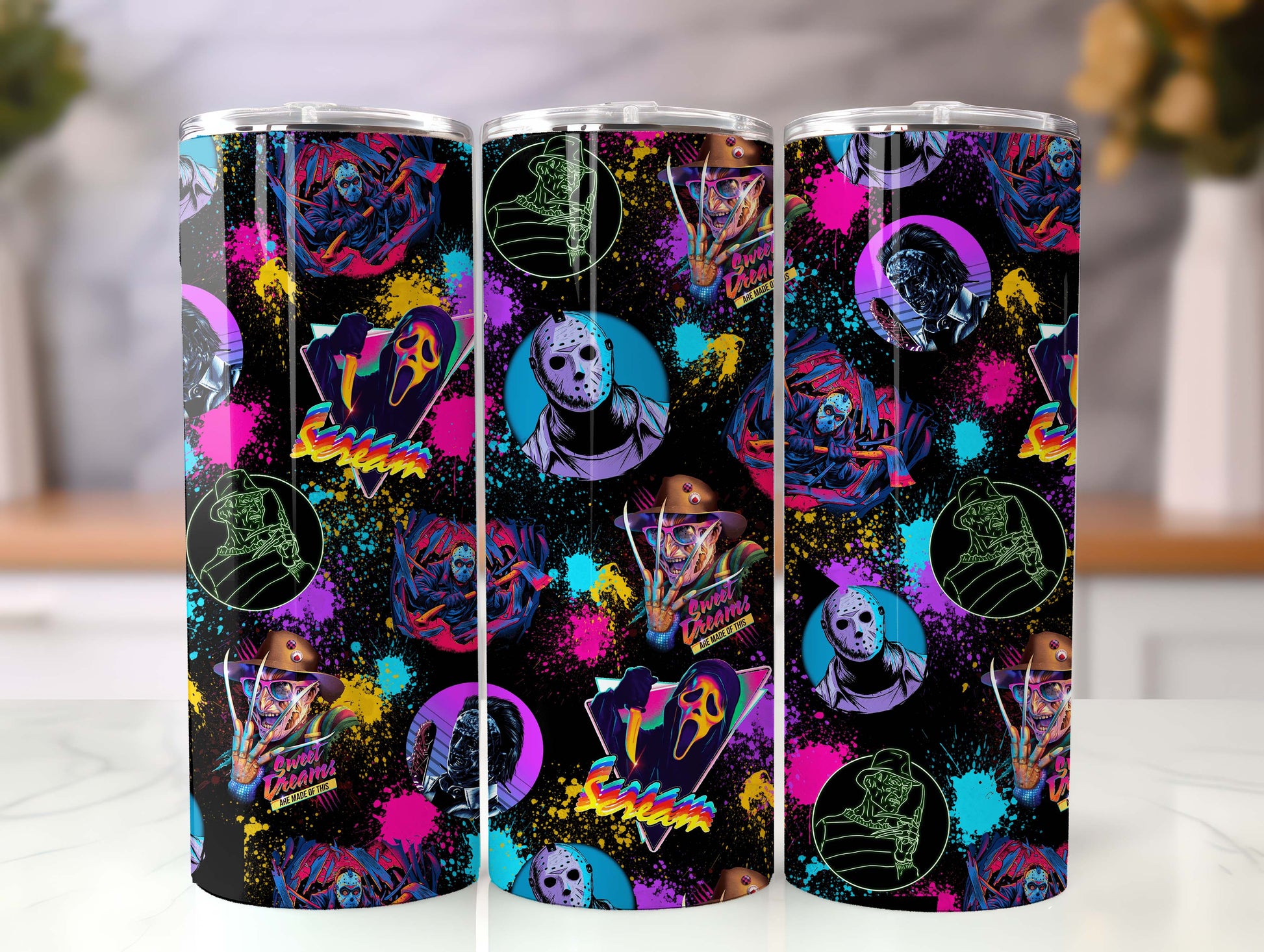 Horror Movies Characters Tumbler PNG, 20oz Skinny Tumbler PNG, Horror Characters Tumbler Wrap, Coffee Tumbler, Killers Neon tumbler - VartDigitals