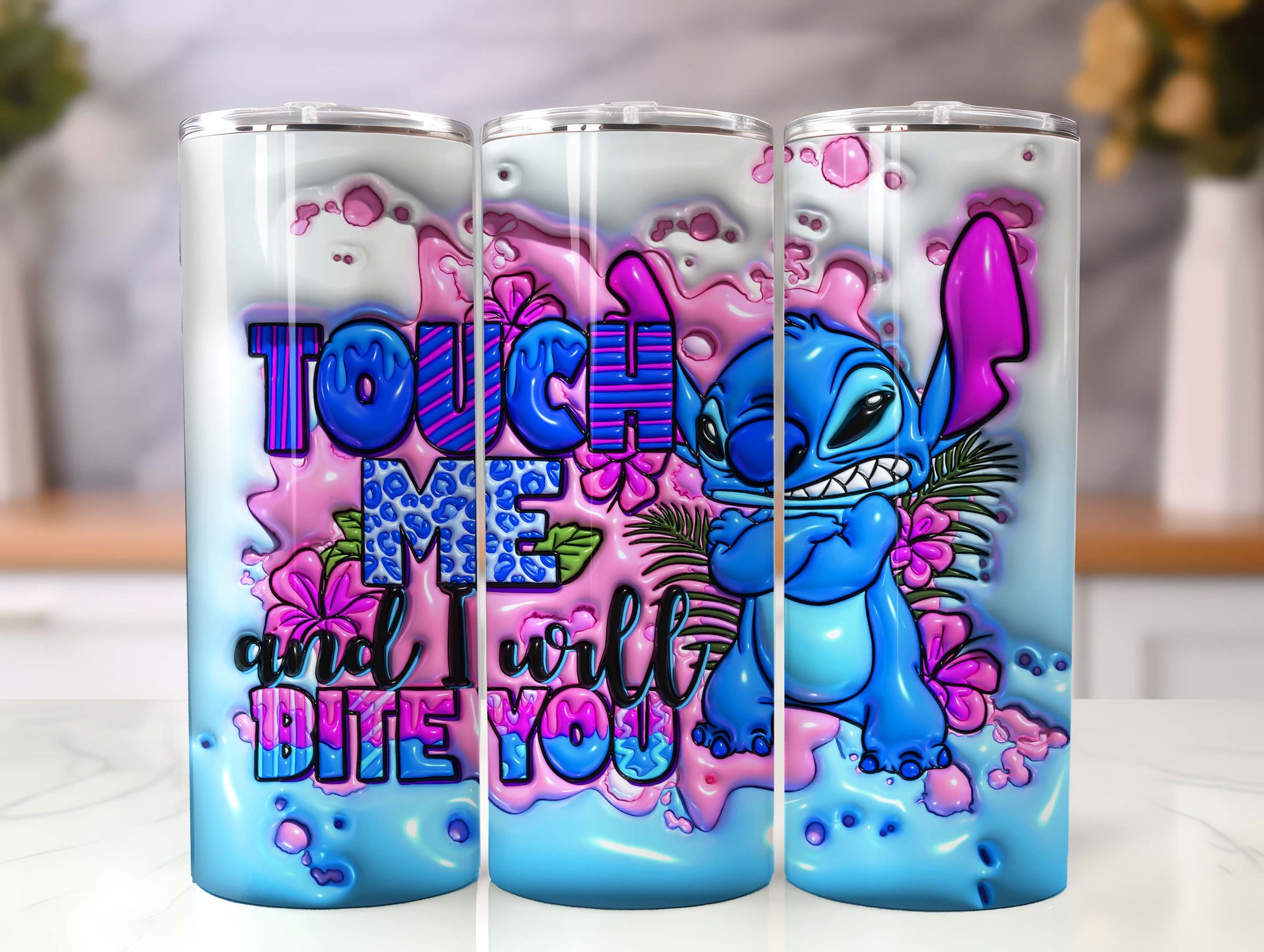 Inflated Stitch Tumbler Design Png 3D Stitch Tumbler, Touch Me And I Will Bite you, 20oz Skinny Sublimation,3D Puffy Stitch Sublimation Png - VartDigitals