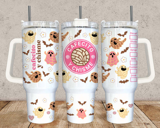 Cafecito Y Chrisme 40 oz Tumbler Wrap, Gruselige Conchas, Mexikanischer Pan Dulce Geisterbecher mit Henkel, Conchas Mexicanas, Gruselige Conchita Ära