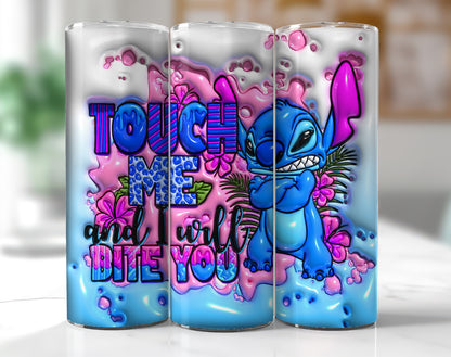 Inflated Stitch Tumbler Design Png 3D Stitch Tumbler, Touch Me And I Will Bite you, 20oz Skinny Sublimation,3D Puffy Stitch Sublimation Png - VartDigitals