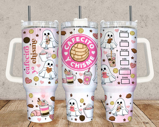 Cafecito Y Chrisme 40 oz Tumbler Wrap, Gruselige Conchas, Mexikanischer Pan Dulce Geisterbecher mit Henkel, Conchas Mexicanas, Gruselige Conchita Ära